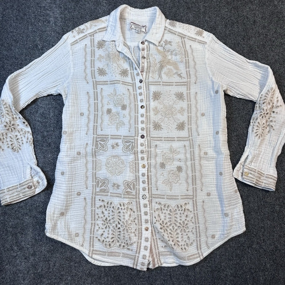 Johnny Was Workshop White Embroidered Gauze Alberte Boho Shirt Med W18320-4